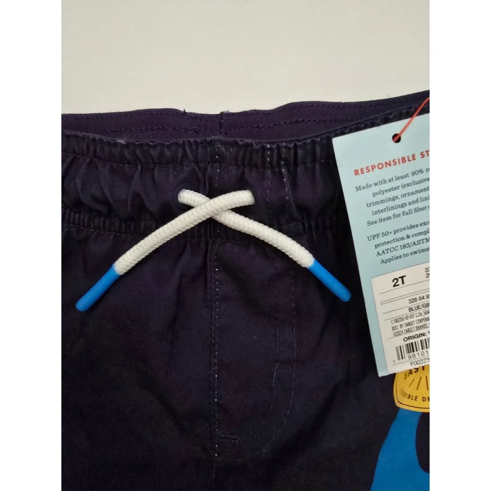Cat & Jack Boys Shark Swim Trunks Navy Blue Coral UPF 50+ Flexible Drawstring
